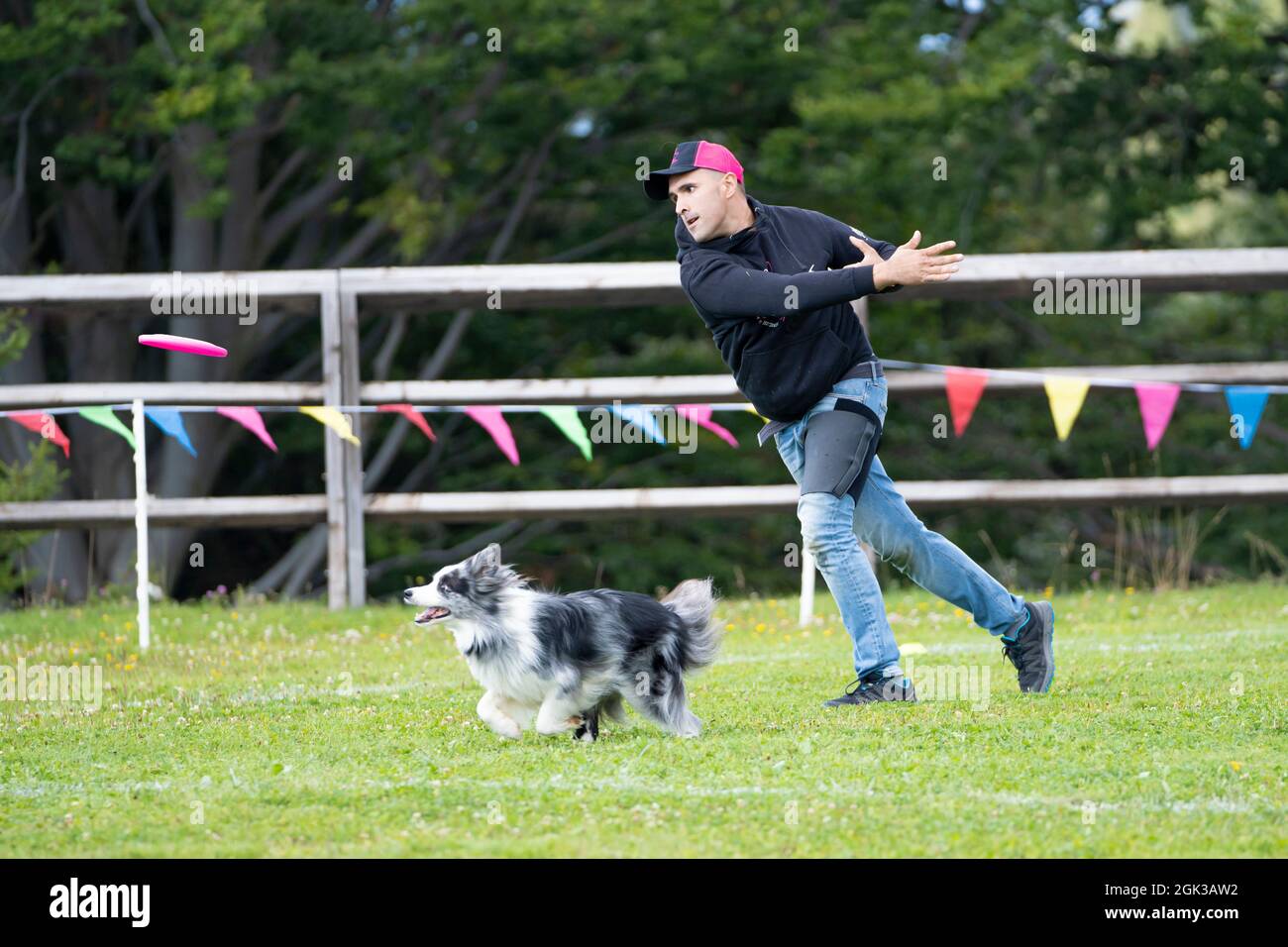 Disco Dog. Un animale domestico e il suo amico umano durante uno spettacolo di Frisbee Dog. Foto Stock
