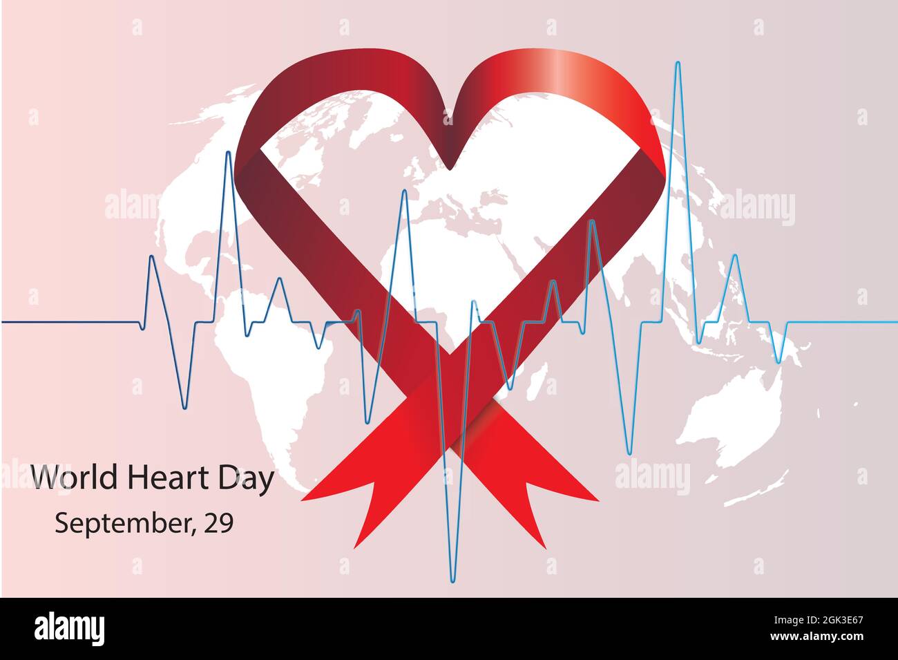 Nastro rosso a forma di cuore, con tracciato del battito cardiaco. Concetto di Giornata Mondiale del cuore. Illustrazione vettoriale. Illustrazione Vettoriale
