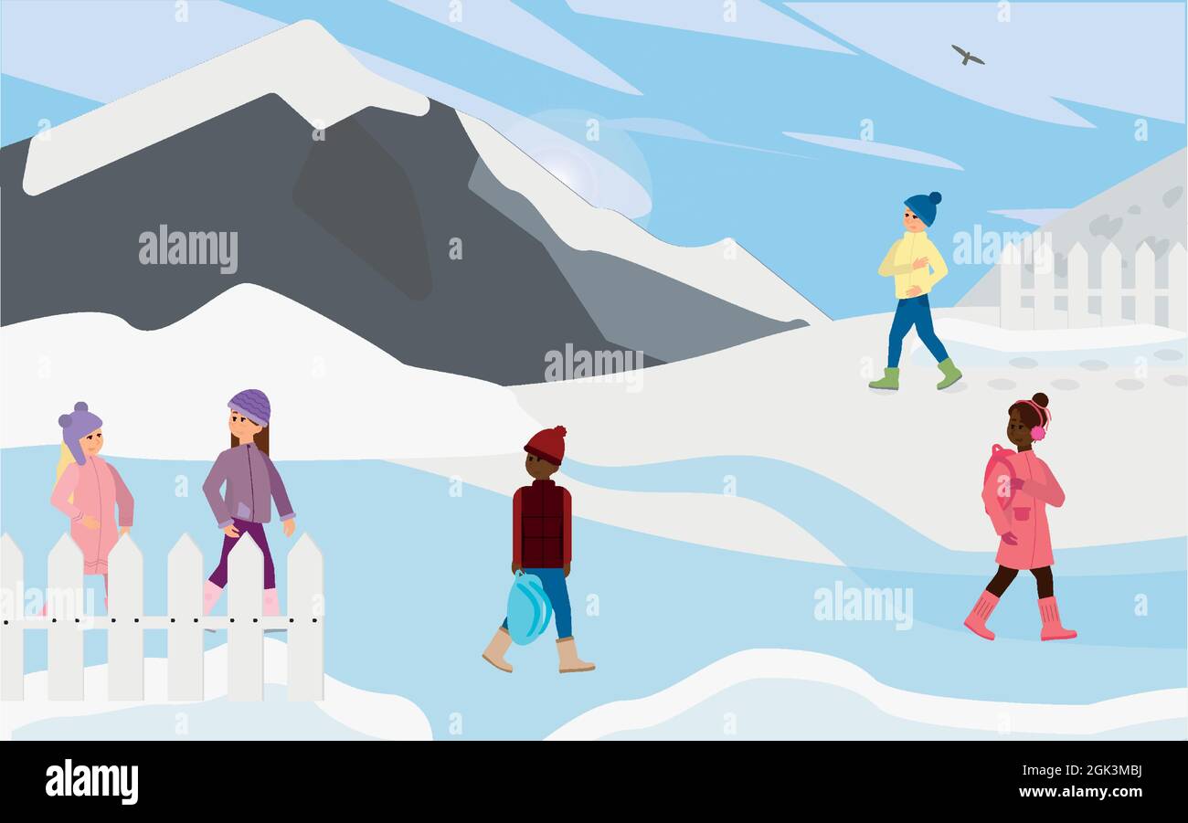 Paesaggio invernale. Bambini che camminano fuori in inverno. Illustrazione Vettoriale