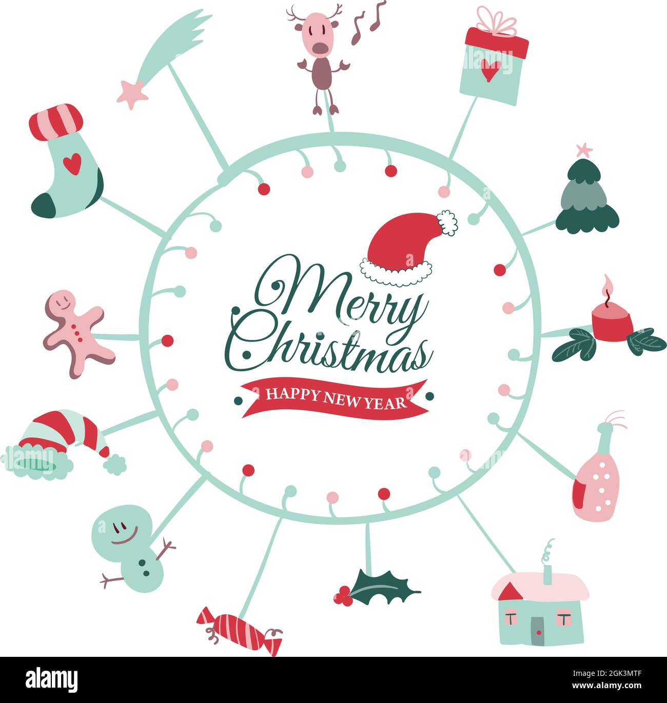 Cartolina di Natale con allegre spolettini di Natale e insegne natalizie moderne. Logo calligrafico. Vettore Illustrazione Vettoriale