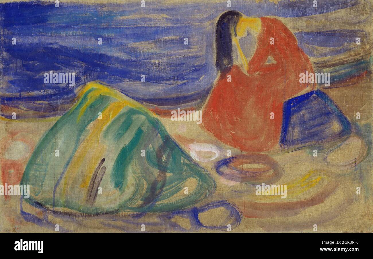 Arte di Edvard Munch – Melancholy. Donna piangente sulla spiaggia (1906) Foto Stock