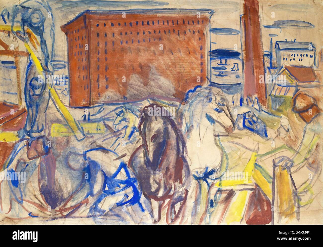 Arte di Edvard Munch – Equitazione in un cantiere edile (1928-1929) Foto Stock
