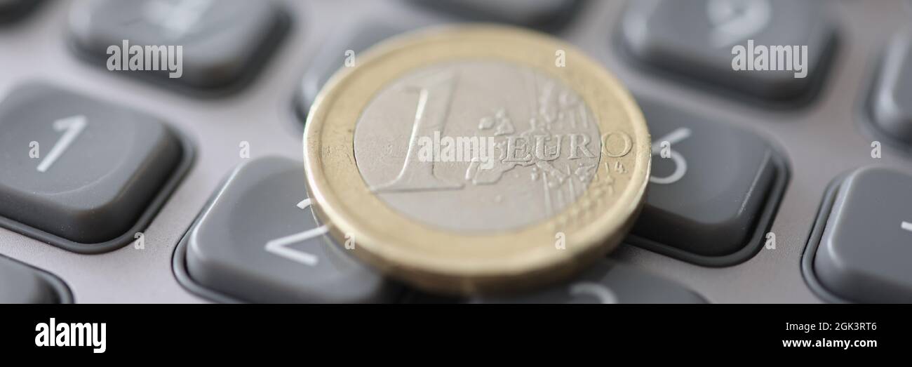 Una moneta di euro è sulla calcolatrice closeup Foto Stock