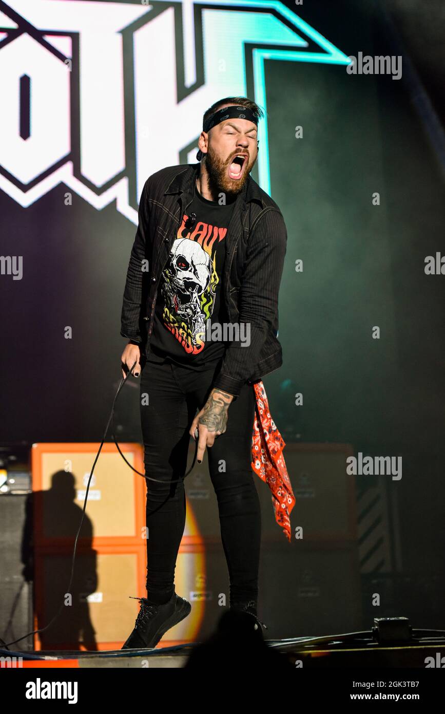 Caleb Shomo della band Beartooth che si esibisce al Las RAGEOUS Festival 2019. Credit: Ken Hpward Images/ Alamy Foto Stock