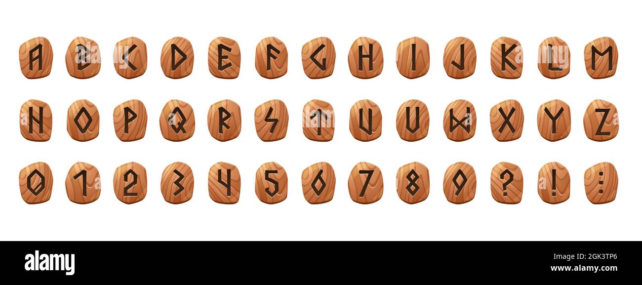 Rune alfabeto su tavolette di legno con lettere incise, numeri e simboli aggiuntivi. Set vettoriale di bottoni in legno con caratteri runici, font tipografico in stile scandinavo Illustrazione Vettoriale