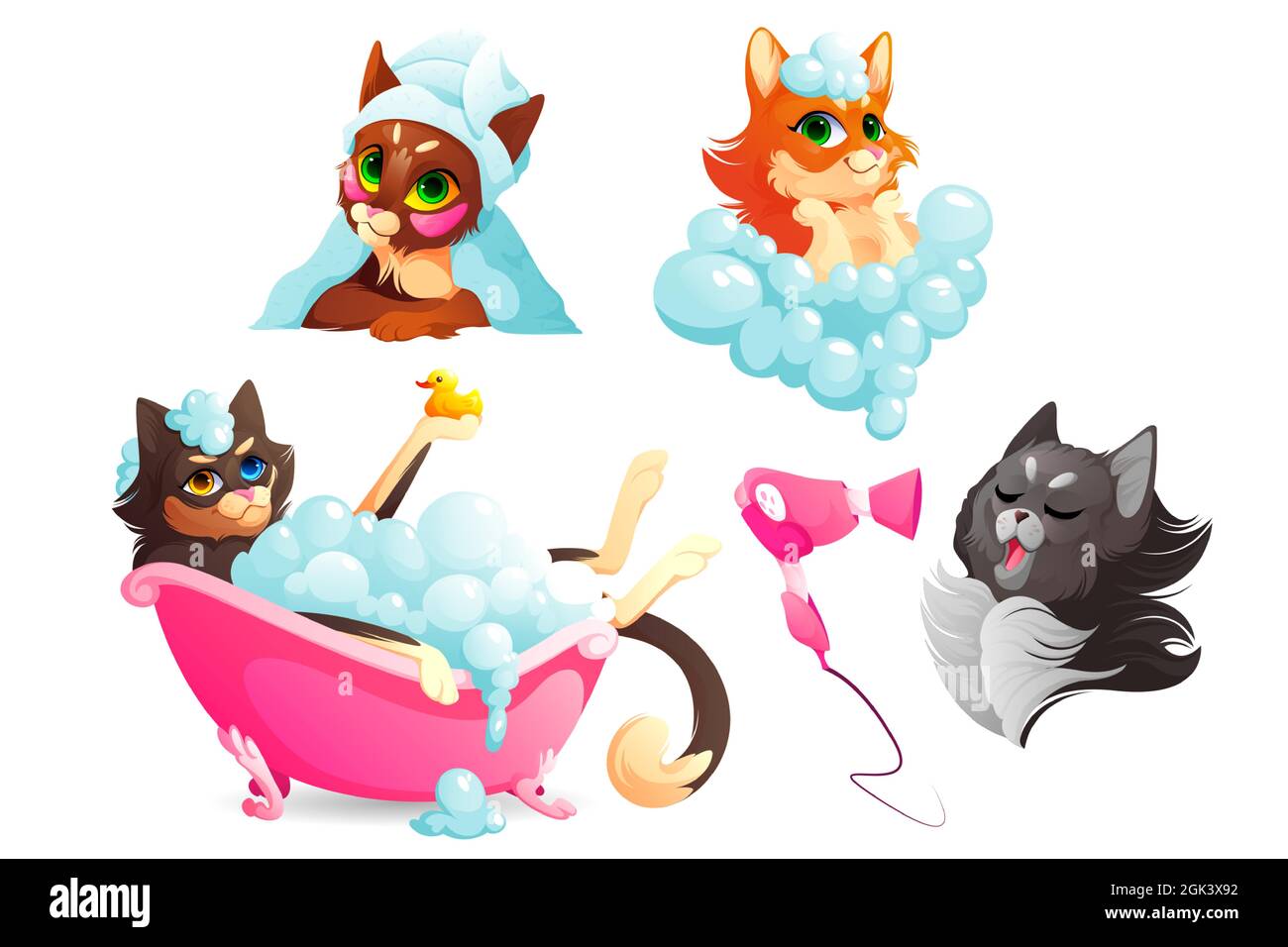 Gatti o cani spa e servizio di grooming, gattini divertenti e cuccioli che godono di procedure di salone, animali domestici capelli asciutti con ventilatore e asciugamano, prendere bagno in vasca con bolle shampoo e anatra di gomma. Set vettoriale cartoon Illustrazione Vettoriale