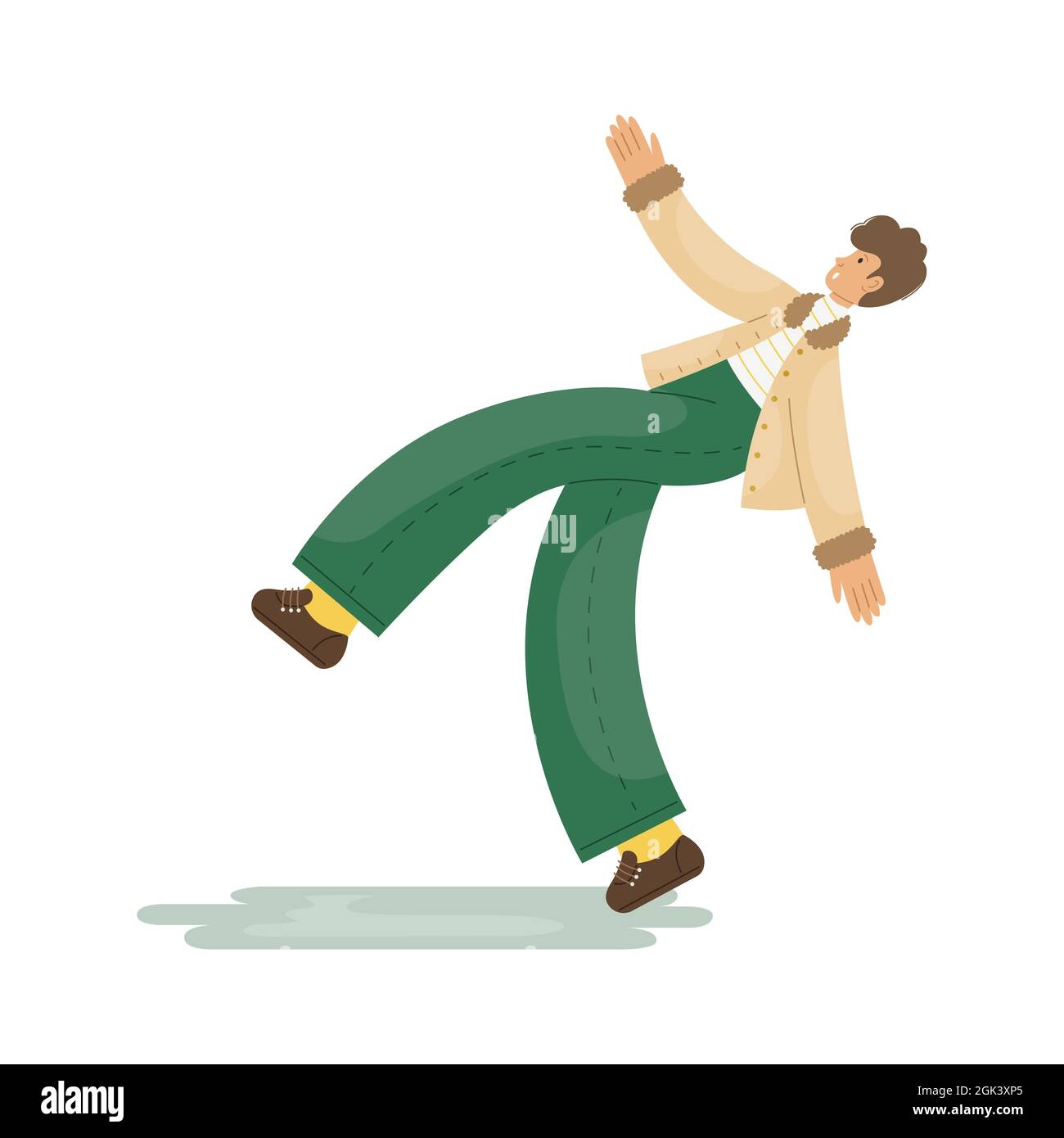 Illustrazione vettoriale di un uomo che scivolava sul ghiaccio sul marciapiede. Illustrazione Vettoriale