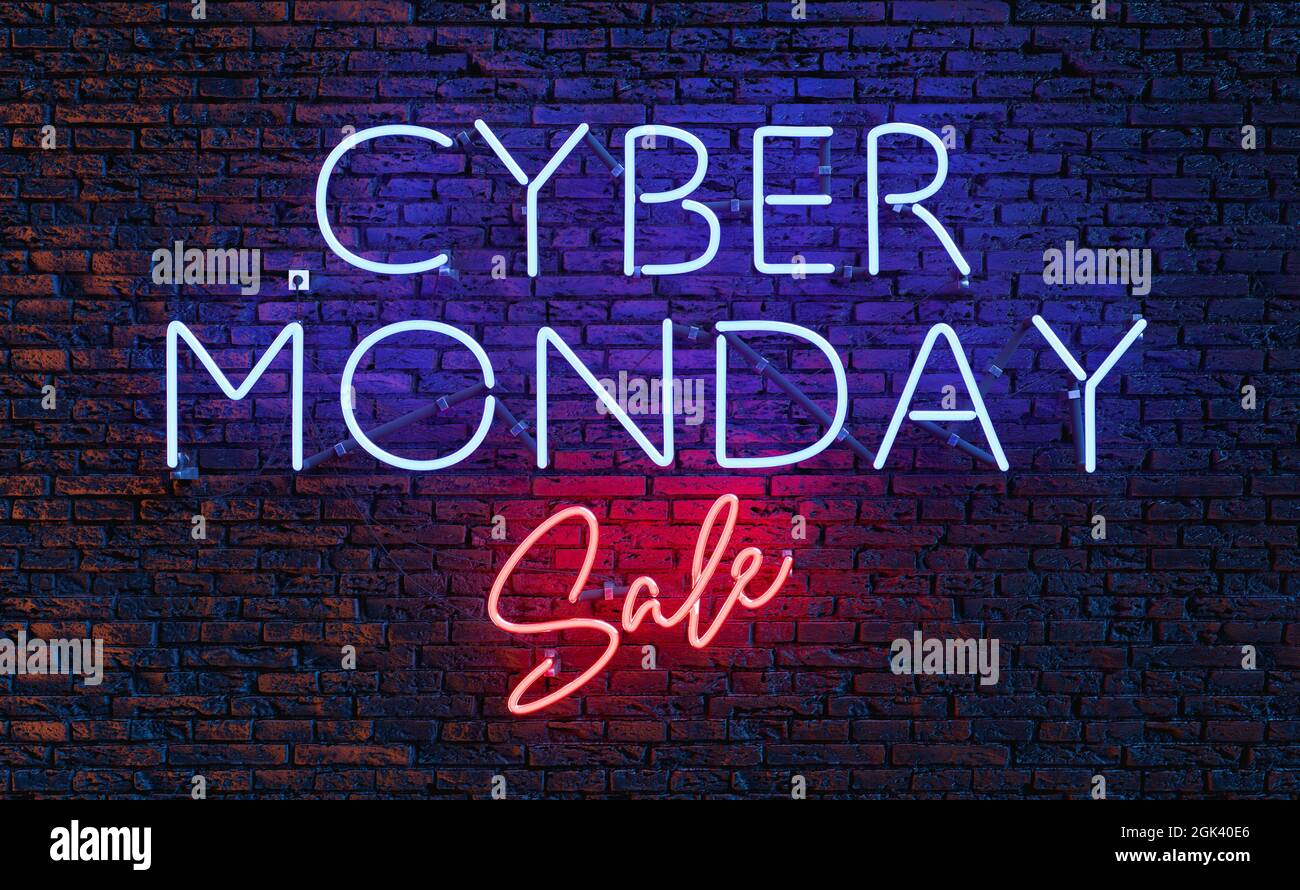 CARTELLO AL neon IN VENDITA PER CYBER MONDAY su parete di mattoni scuri. rendering 3d Foto Stock