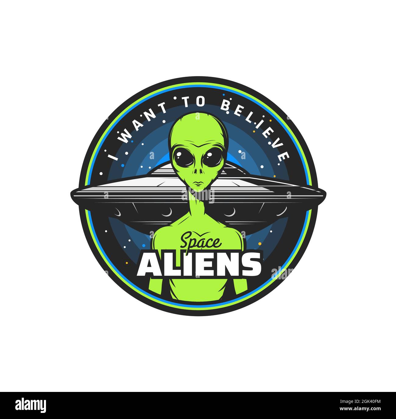 Icona alieni con vettore UFO e mostro spazio. Nave spaziale flying craquer e creatura extraterrestre marziana verde con volto arrabbiato e occhi grandi, galax Illustrazione Vettoriale