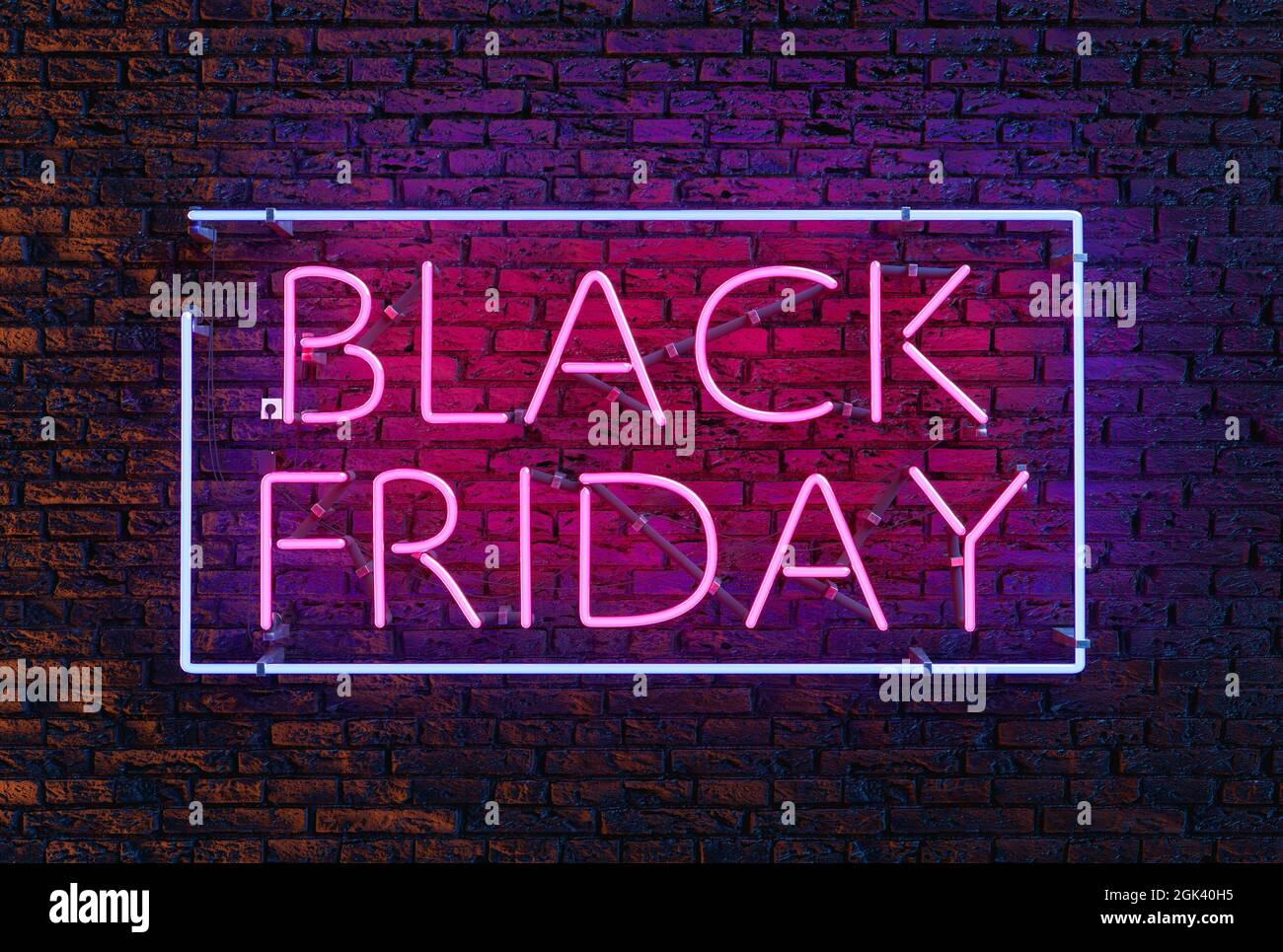 Cartello AL neon BLACK FRIDAY con cornice su muro di mattoni. rendering 3d Foto Stock