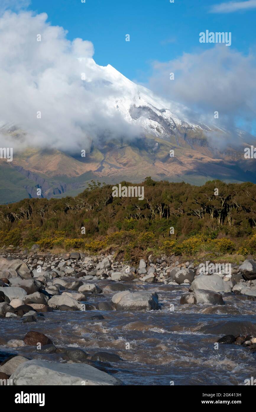 Monte Taranaki e fiume Stony, Taranaki, Isola del Nord, Nuova Zelanda Foto Stock