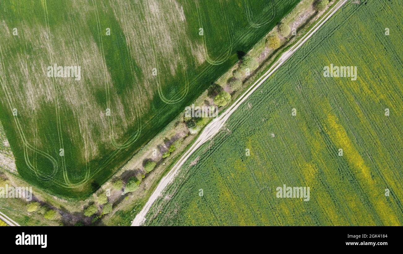 Strada sterrata lungo il canale di melorazione abbandonato. Terreno agricolo, vista aerea. Foto Stock