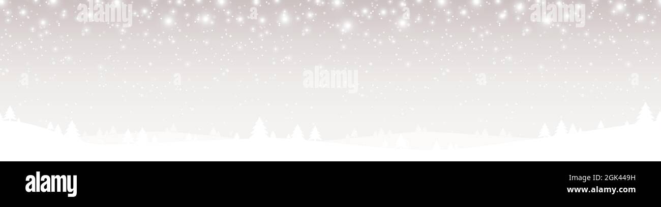 file vettoriale eps che mostra un'intestazione panoramica natalizia senza giunture con caduta di neve e silhouette di alberi di foresta, sfondo colorato di rosso chiaro Illustrazione Vettoriale