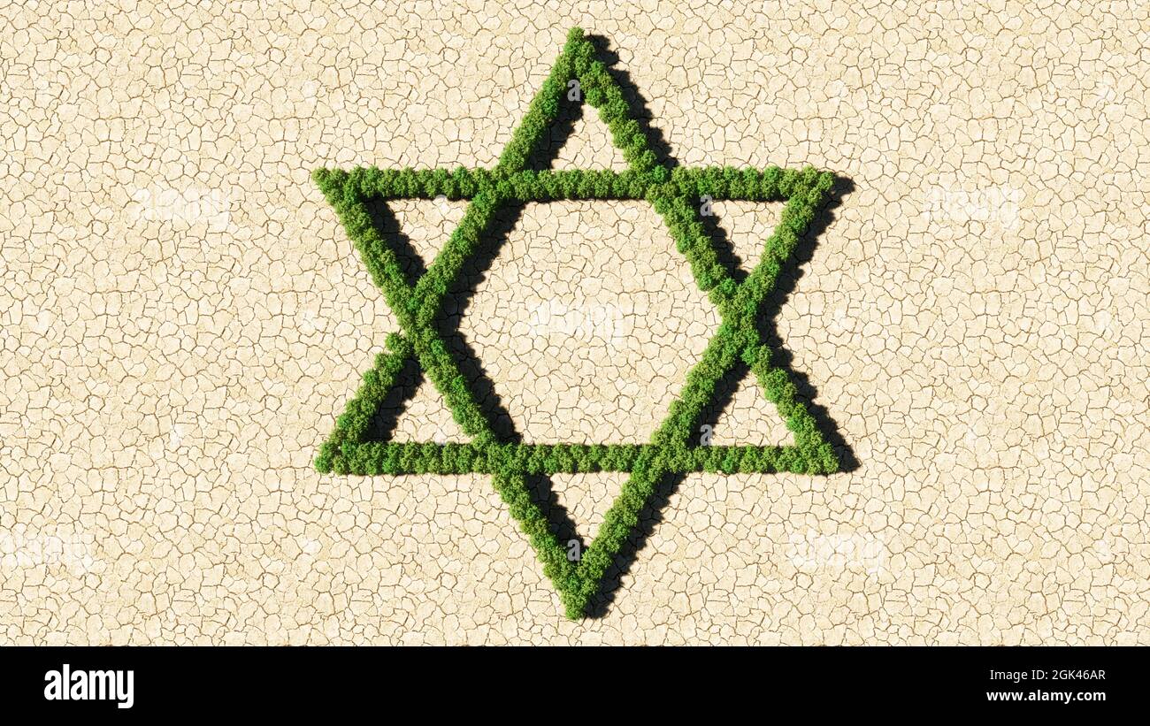 Concetto o gruppo concettuale di albero di foresta verde su fondo asciutto segno di stella ebraica religiosa di David. Metafora dell'illustrazione 3d per il giudaismo Foto Stock