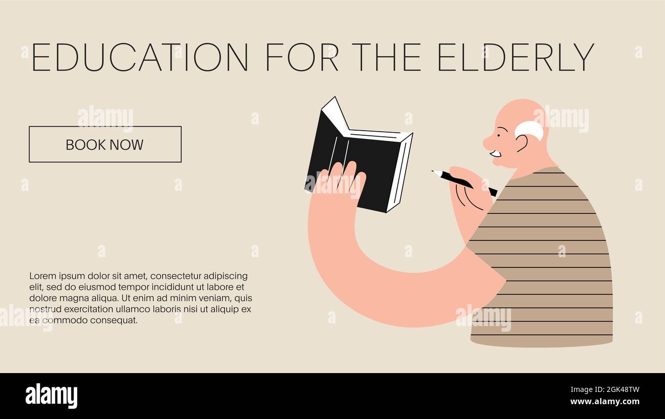 Modello di pagina Web di atterraggio per l'istruzione degli anziani. L'uomo anziano tiene in mano un taccuino e ne prende nota. Illustrazione del vettore Flat Art Illustrazione Vettoriale