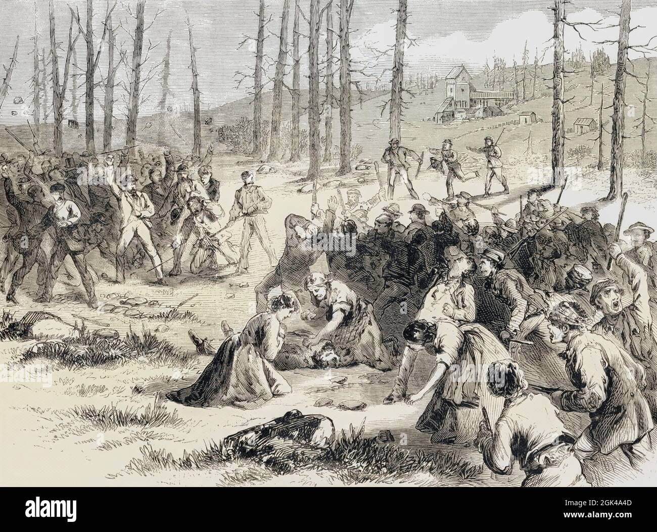 Le rivolte di carbone a Scranton, Pennsylvania, USA. Un incontro di operai vicino al Dodge Shaft di Hyde Park ha attaccato e disperso i minatori gallesi immigrati e le loro mogli il 9 maggio 1871. Dopo un lavoro di Joseph Becker nel quotidiano illustrato di Frank Leslie. Foto Stock