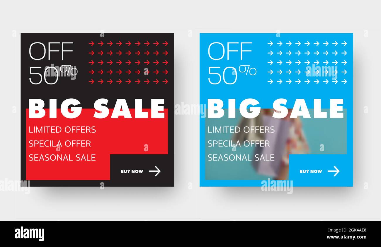 Set di banner vettoriali quadrati per grandi vendite con sconto del 50%, con posto per foto e freccia modello. Modello nero e blu per i social media w Illustrazione Vettoriale