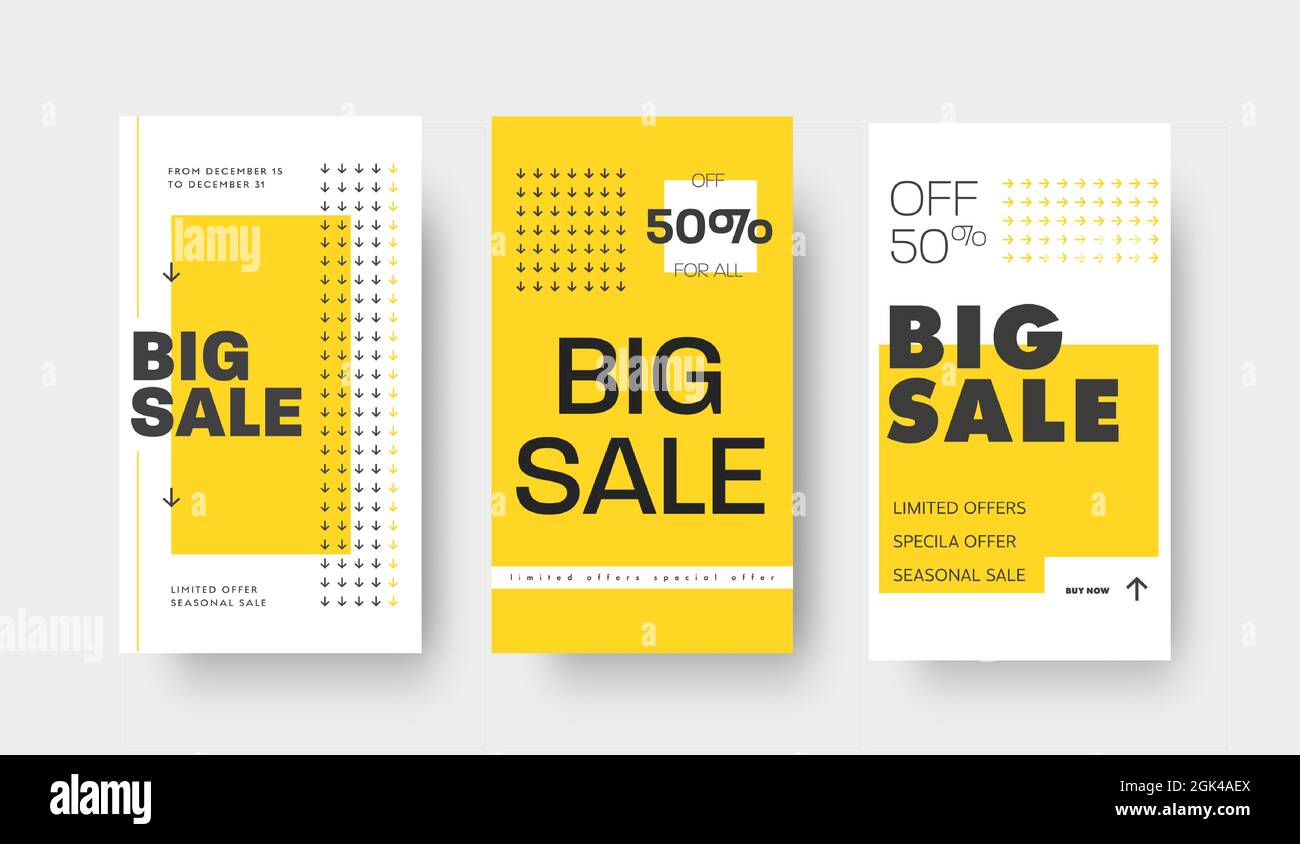 Set di modelli vettoriali per grandi vendite, offerte speciali. Modello con frecce gialle e nere e testo. Progettazione per la pubblicazione in applicazioni mobili Illustrazione Vettoriale