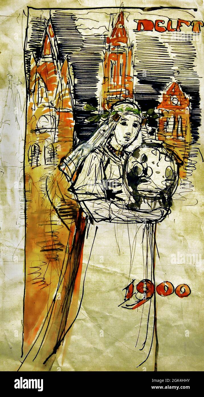 Adolf le Compte, poster design per fabbrica di ceramiche Thooft & Labouchere V/h De Porcelebreyne Fles, Delft, 1899 The, Paesi Bassi, olandese, Foto Stock