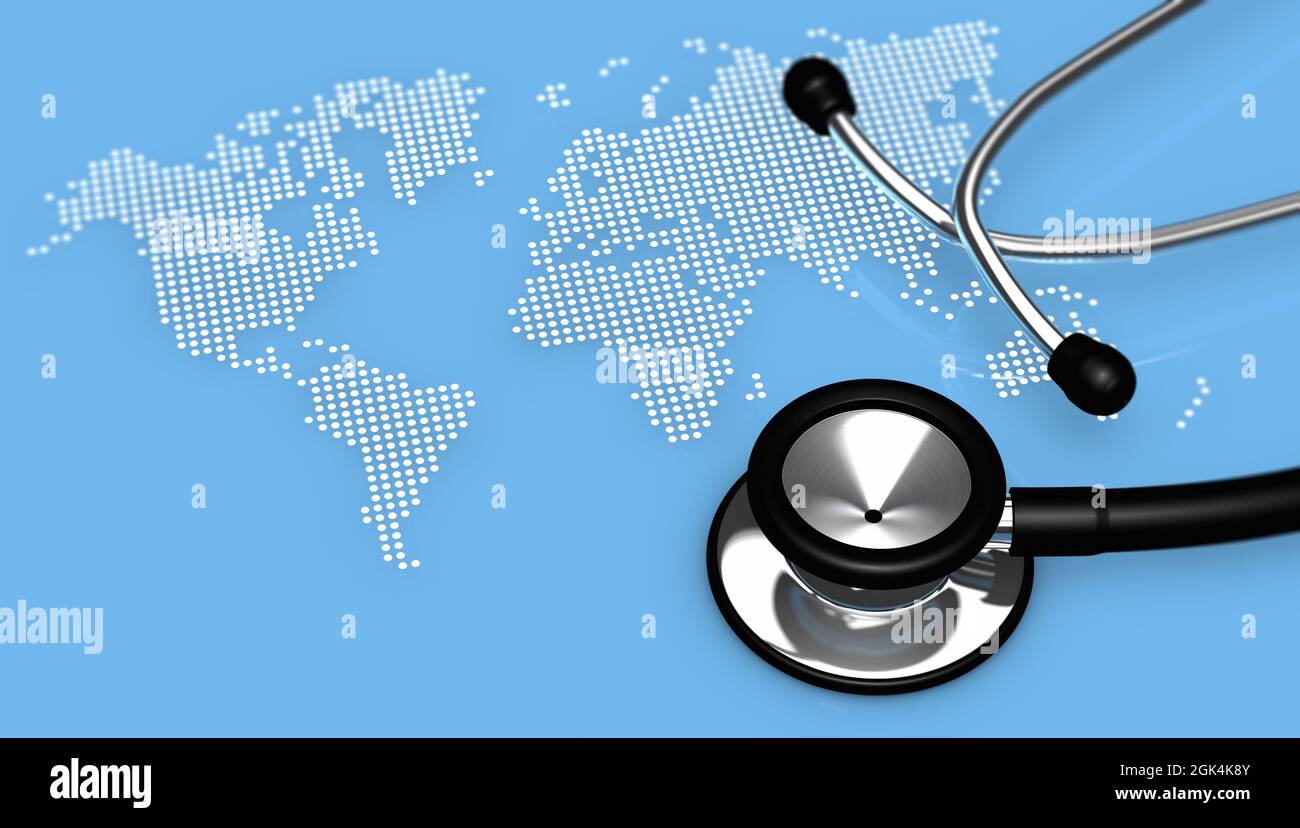 Concetto internazionale di salute e assistenza sanitaria globale con uno stetoscopio medico e una mappa del mondo punteggiata su sfondo 3D illustrazione. Foto Stock