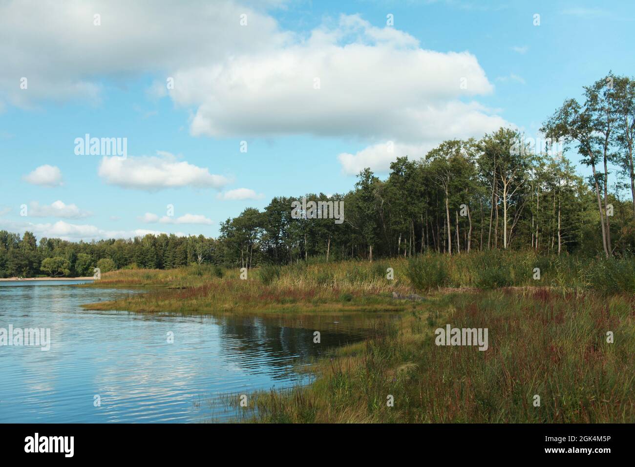 bel paesaggio fluviale, tortuosa riva coltivata con erba e alberi, il cielo con le nuvole si riflette nell'acqua Foto Stock