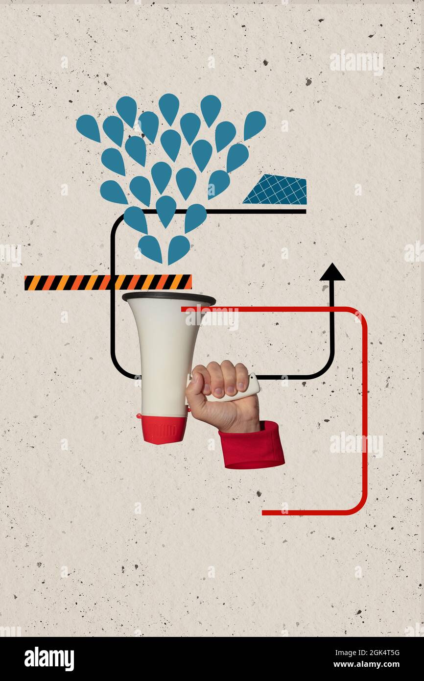 Collage d'arte contemporanea. Uomo che tiene il megafono con la pioggia cade sopra Foto Stock