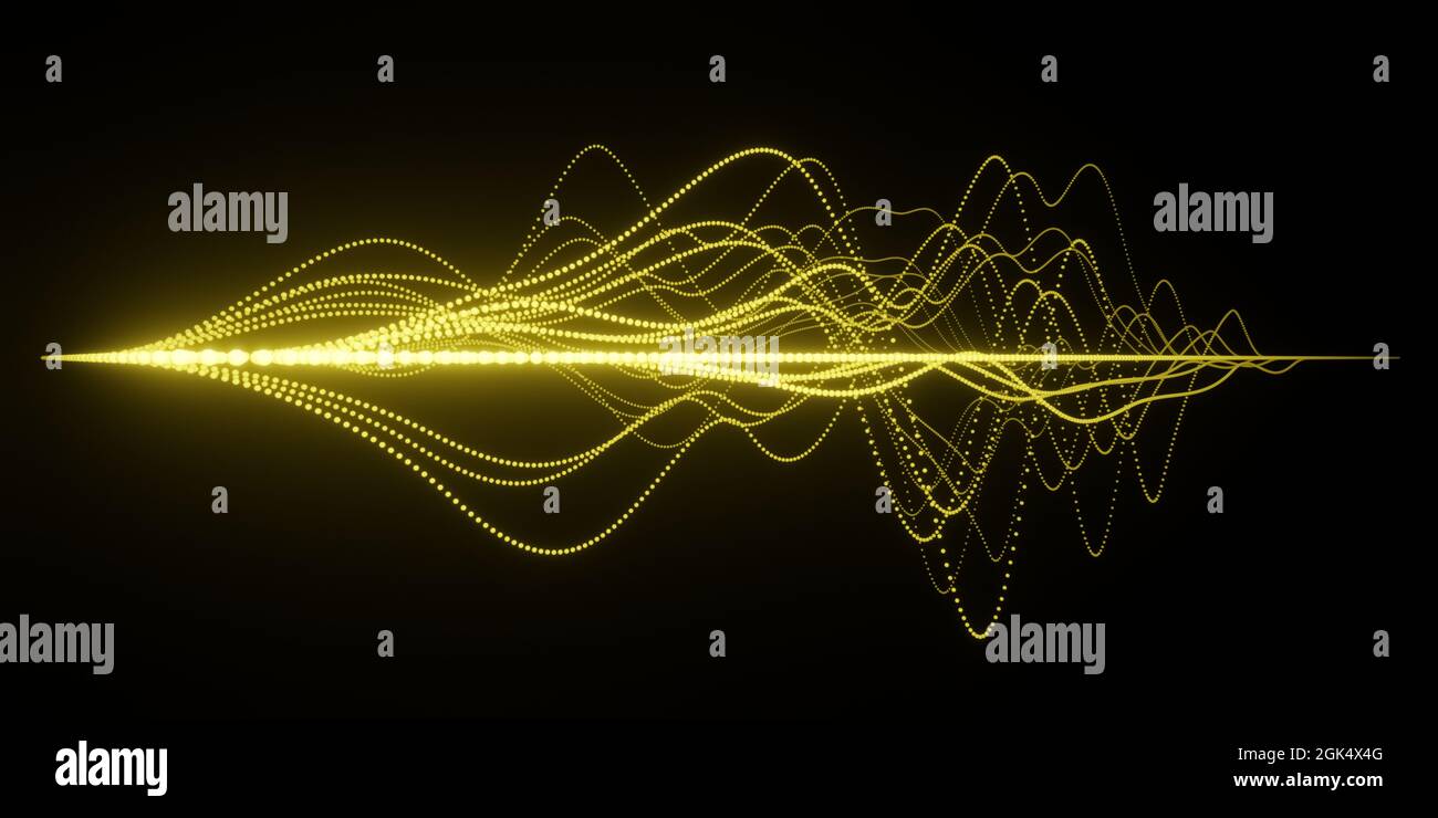 Visualizzazione astratta di onde sonore con frequenza o lunghezza d'onda diverse, colori luminosi su sfondo nero, concetto di ricerca scientifica Foto Stock