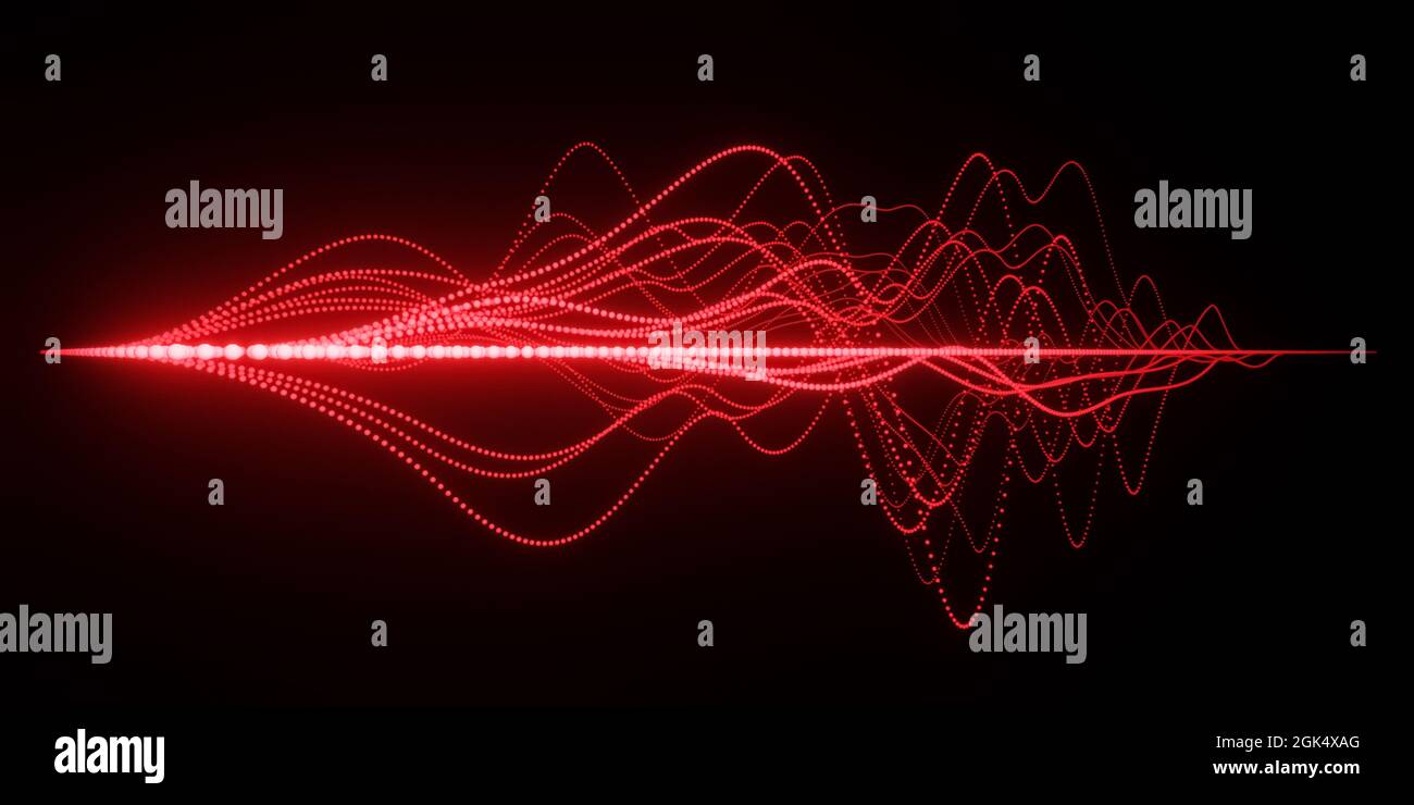 Visualizzazione astratta di onde sonore con frequenza o lunghezza d'onda diverse, colori luminosi su sfondo nero, concetto di ricerca scientifica Foto Stock