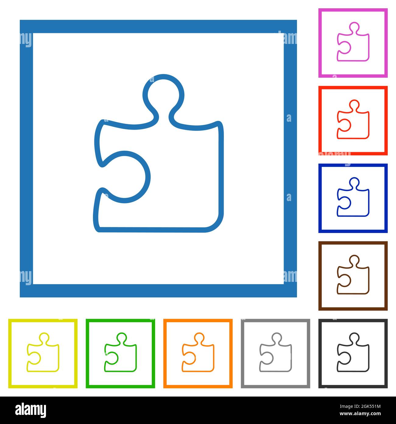 Singolo pezzo di puzzle contorno icone di colore piatto in cornici quadrate su sfondo bianco Illustrazione Vettoriale
