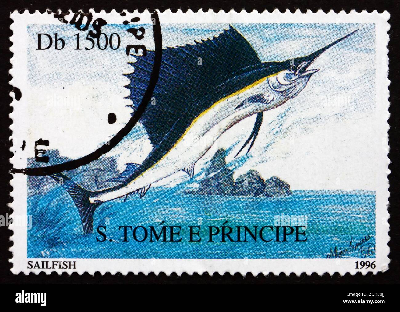 SAO TOME E PRINIPE - CIRCA 1996: Un timbro stampato in Sao Tome e Principe mostra Sailfish, Istiophorus Platypterus, Fish, circa 1996 Foto Stock