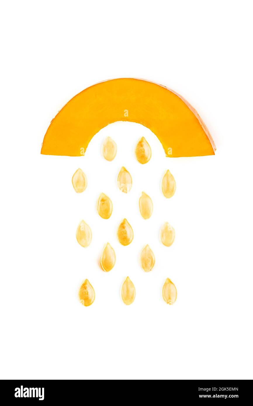 Zucca e semi come simbolo di nuvole e pioggia. Layout creativo. Disposizione piatta. Concetto di cibo di stagione. Foto Stock