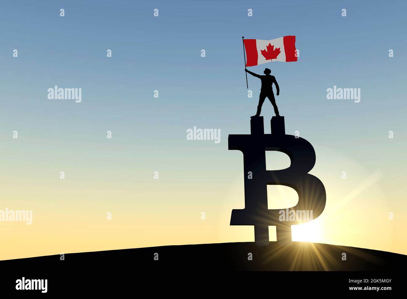Persona che sventola una bandiera del canada in piedi sopra un simbolo di criptovaluta del bitcoin. Rendering 3D Foto Stock