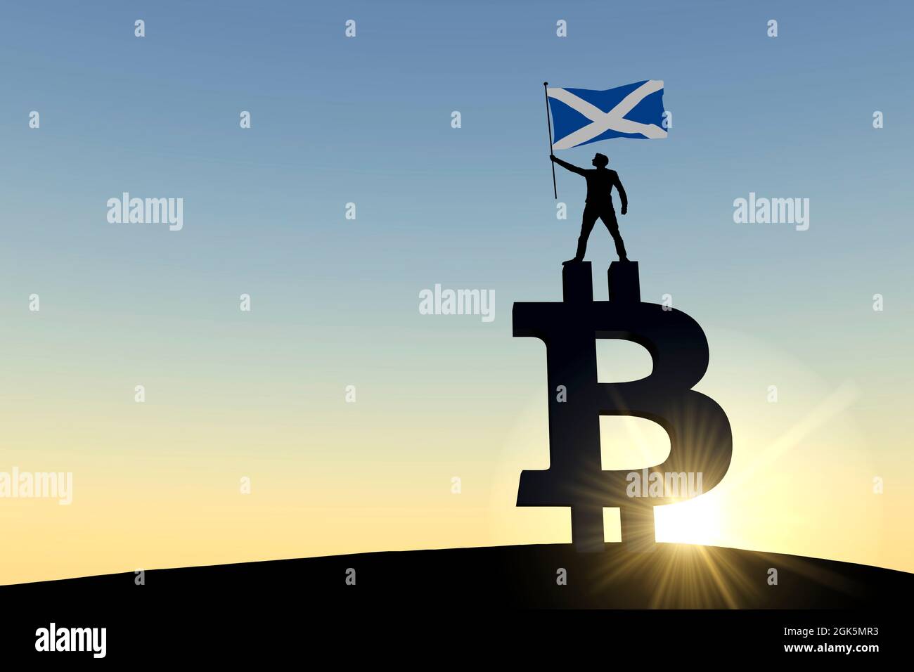 Persona che sventola una bandiera scozzese in cima a un simbolo di criptovaluta bitcoin. Rendering 3D Foto Stock