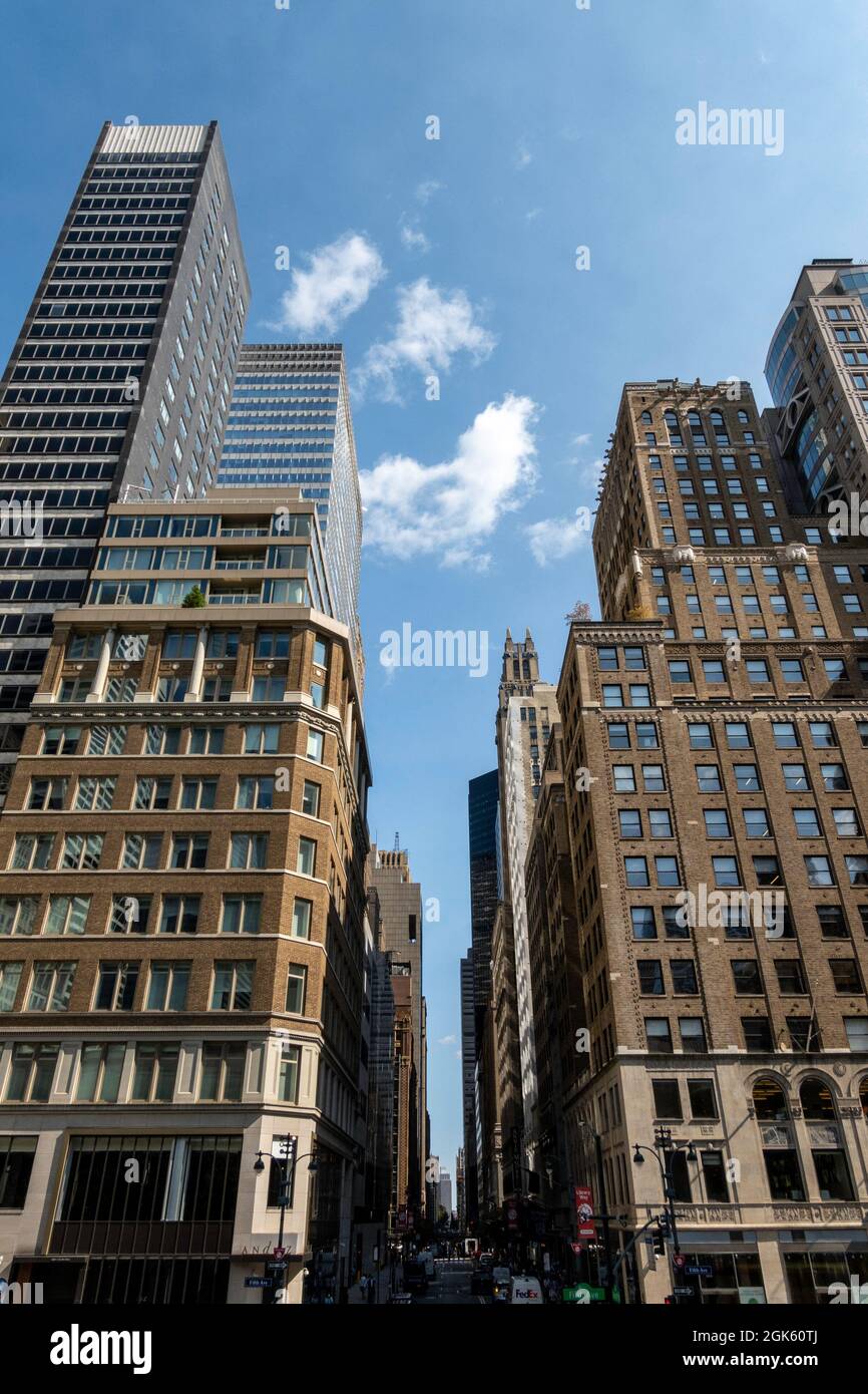 Edifici sulla Fifth Avenue visti dall'entrata della Biblioteca pubblica di New York alla 41st Street, USA Foto Stock