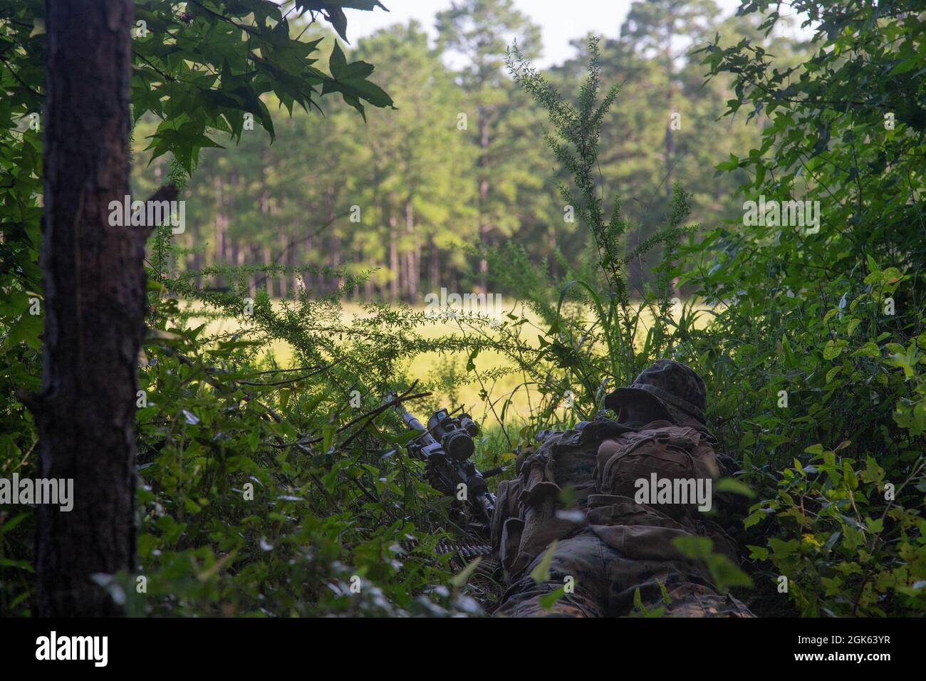 Uno studente statunitense della Marine Corps School of Infantry-East fornisce sicurezza durante il corso di Marina di fanteria (IMC) sul Marine Corps base Camp Lejeune, North Carolina, 12 agosto 2021. L'IMC è un programma di istruzione di 14 settimane progettato per creare marines di fanteria più esperte e più letali che sono preparati per la competizione e il conflitto del XXI secolo. Foto Stock