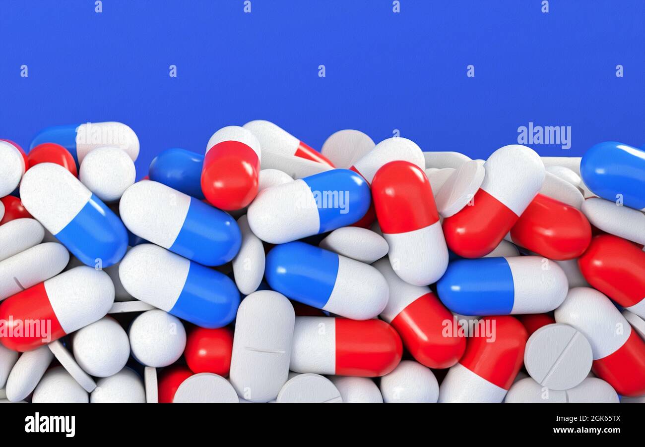 Illustrazione 3d fuoco selettivo e vista macro delle pillole mediche su sfondo blu con spazio di copia. Elemento sfondo astratto. Foto Stock