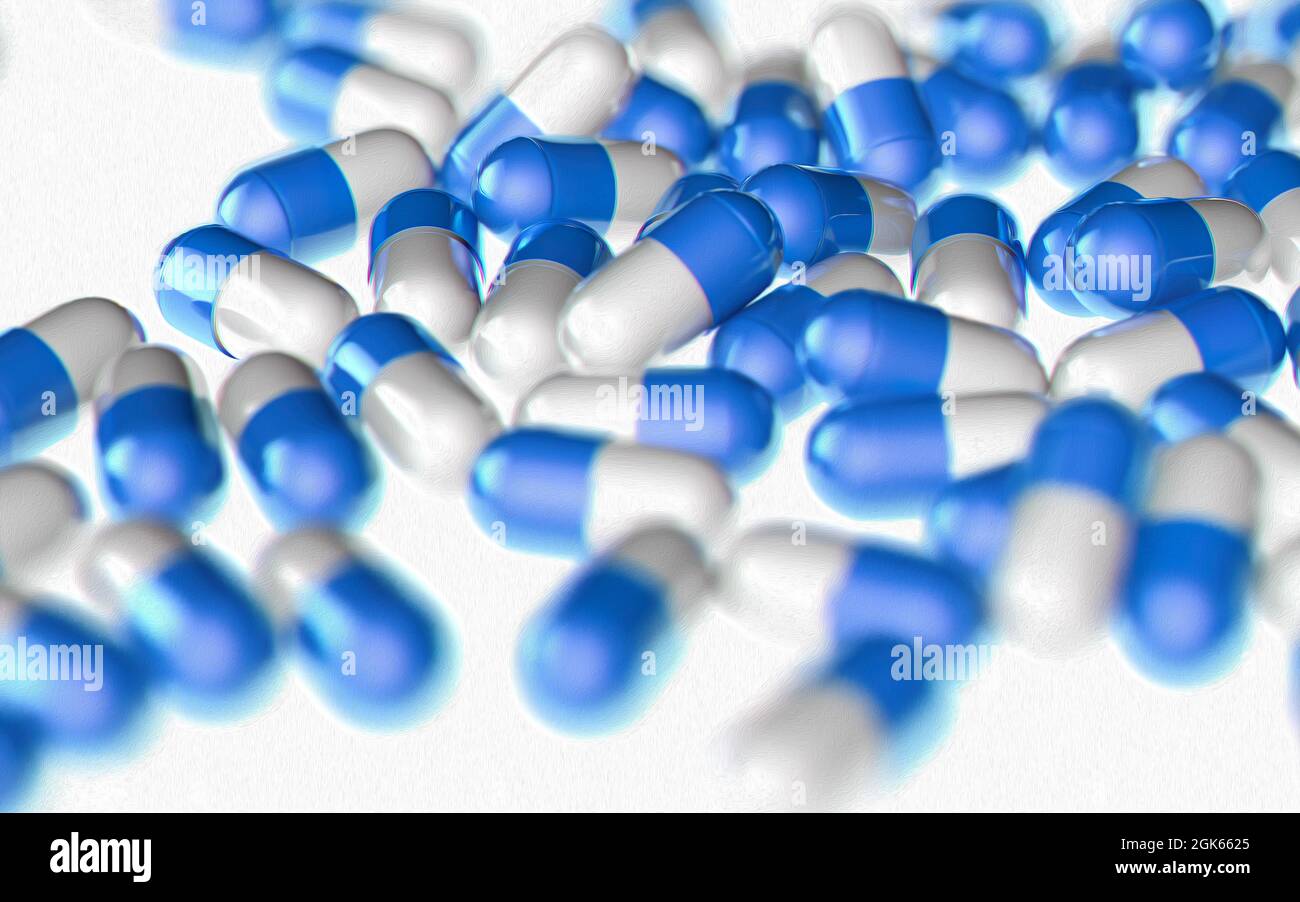 Illustrazione 3d fuoco selettivo e vista macro delle pillole mediche su sfondo bianco con spazio di copia. Elemento sfondo astratto. Foto Stock