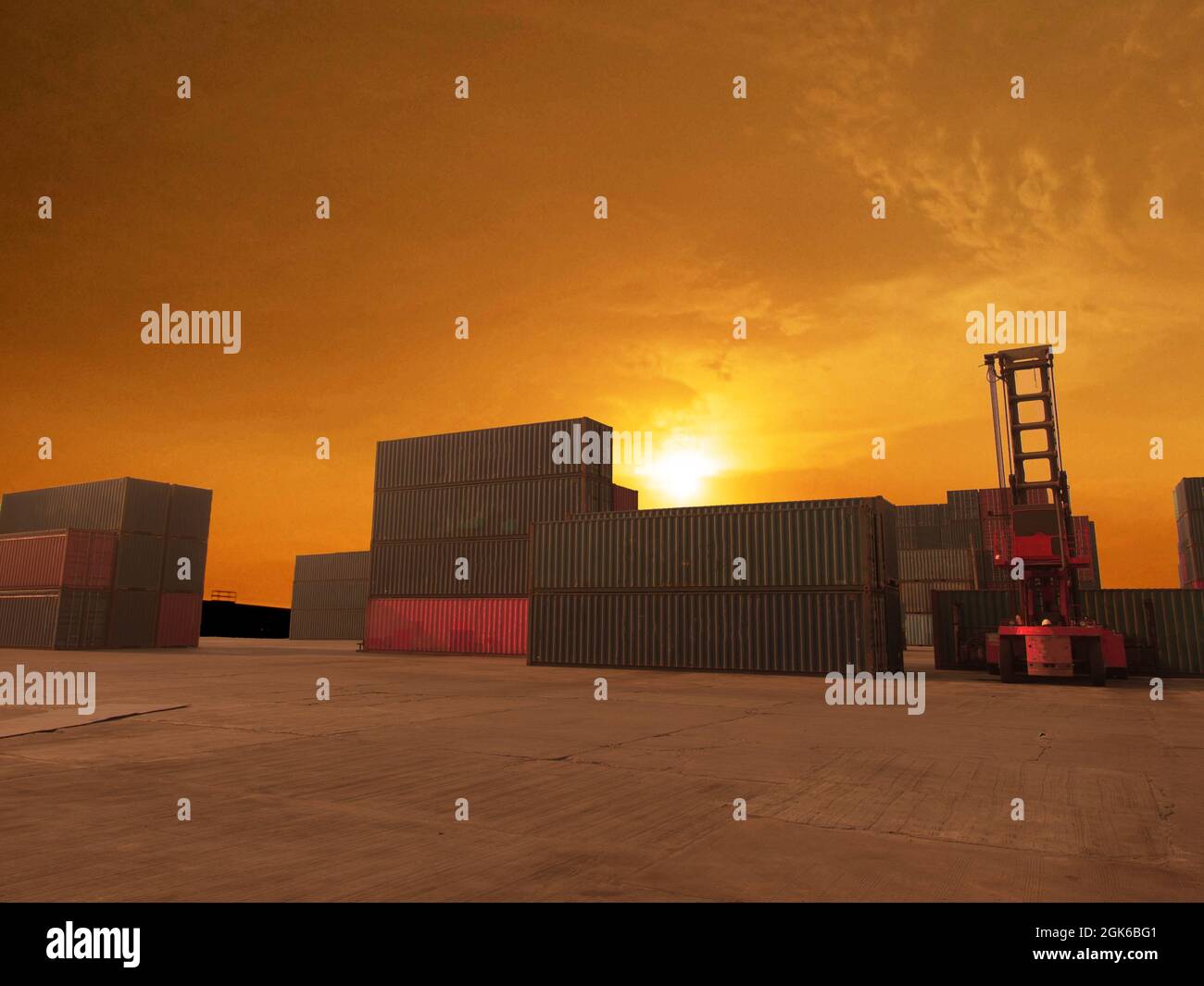 Terminale magazzino ipoteca cargo container arancione blu colore carrello elevatore a forche trade engineer tecnologia trasporto azienda logistico eammer fabbrica Foto Stock