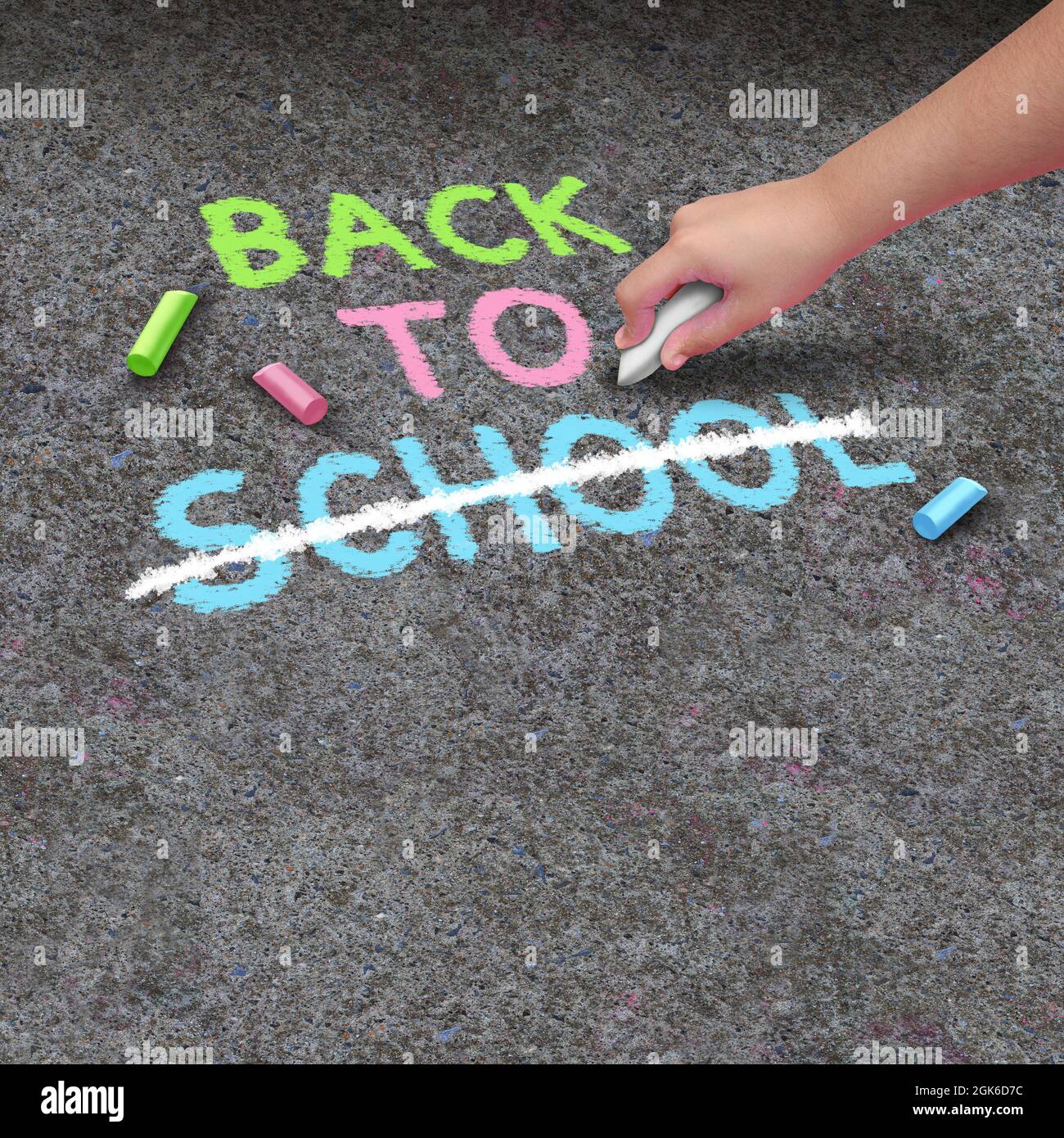 Chiusura della scuola e ritorno alla cancellazione della scuola come un gesso disegno su marciapiede concreto con la mano di un bambino che tiene un colore. Foto Stock