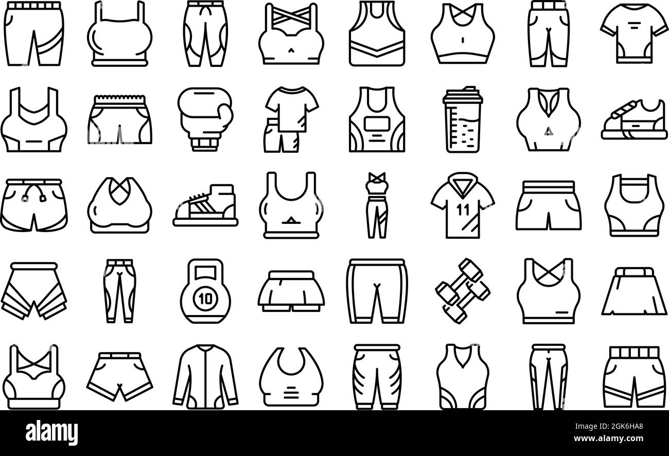 Le icone di modo di workout impostano il vettore di contorno. Corpo dell'atleta. Abbigliamento Illustrazione Vettoriale