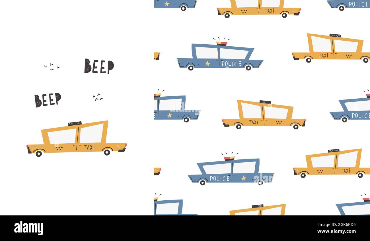 Modello carino con le auto. Taxi. Trasporto. Polizia. Vettoriale colore disegnato a mano senza cuciture ripetizione bambini semplice modello con auto e lettere, in Scandi Illustrazione Vettoriale