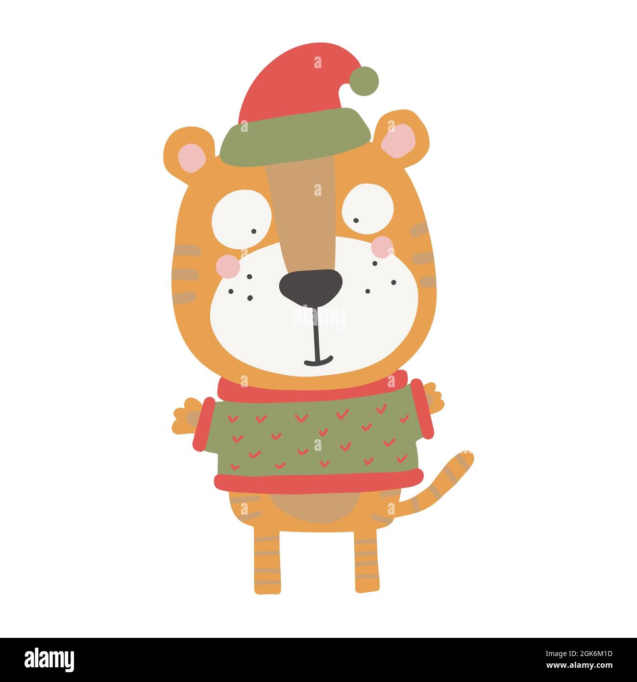 Tiger, gatto di Natale. Animale carino in un cappello e maglione. Stampa per bambini per il vivaio in stile scandinavo. Ideale per poster per bambini, post Illustrazione Vettoriale Tiger, gatto di Natale. Animale carino in un cappello e maglione. Stampa per bambini per il vivaio in stile scandinavo. Ideale per poster per bambini, post Illustrazione Vettoriale