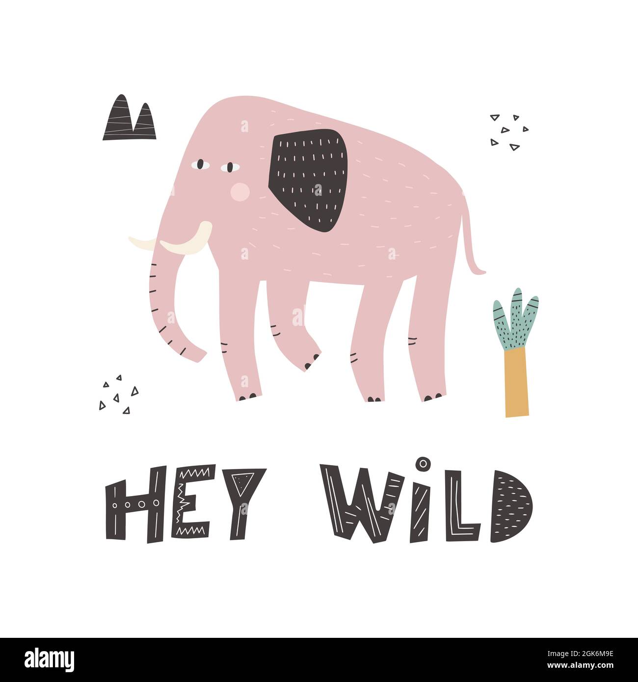 Carino elefante in stile scandinavo con caratteri - hey selvaggio. Vettore elefante semplice colorato disegnato a mano per bambini. Animale cartoon Illustrazione Vettoriale