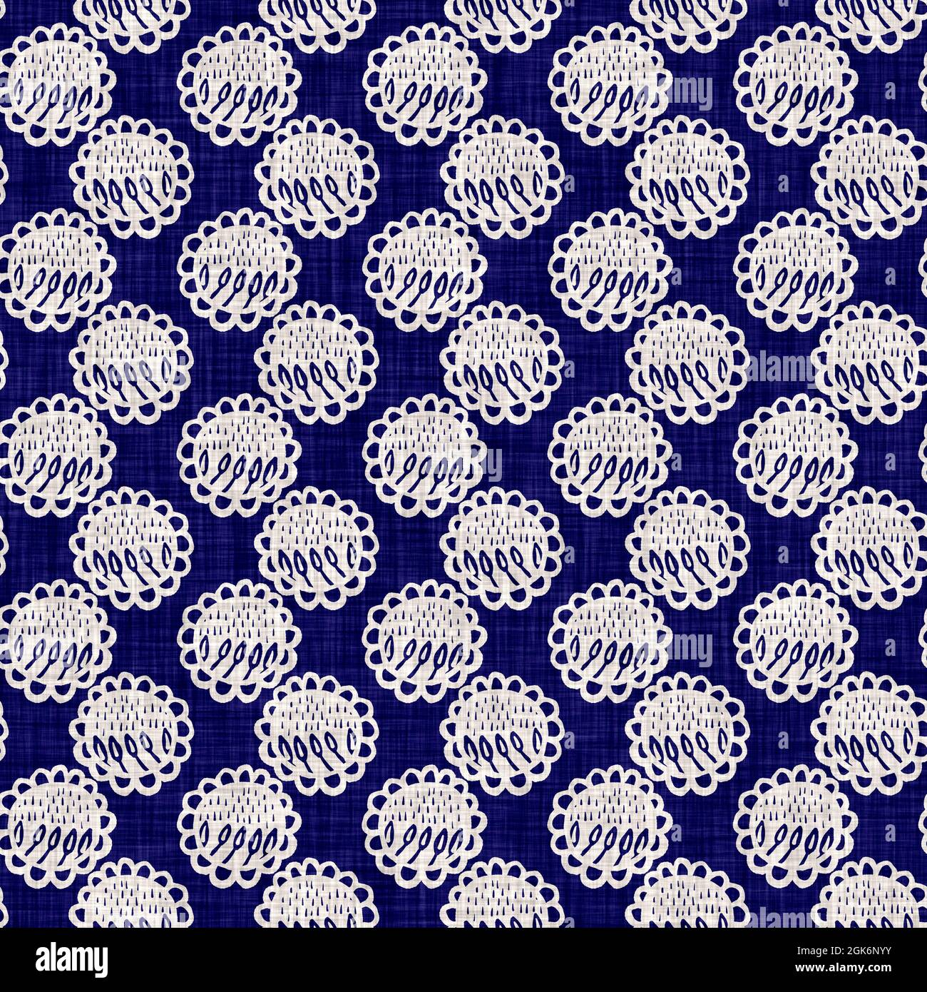 Indigo blu fiore blocco stampa tinta tessuto di lino sfondo. Campione giapponese di ripetizione batik tessuto senza cuciture. Sfocatura floreale organica afflosciata Foto Stock