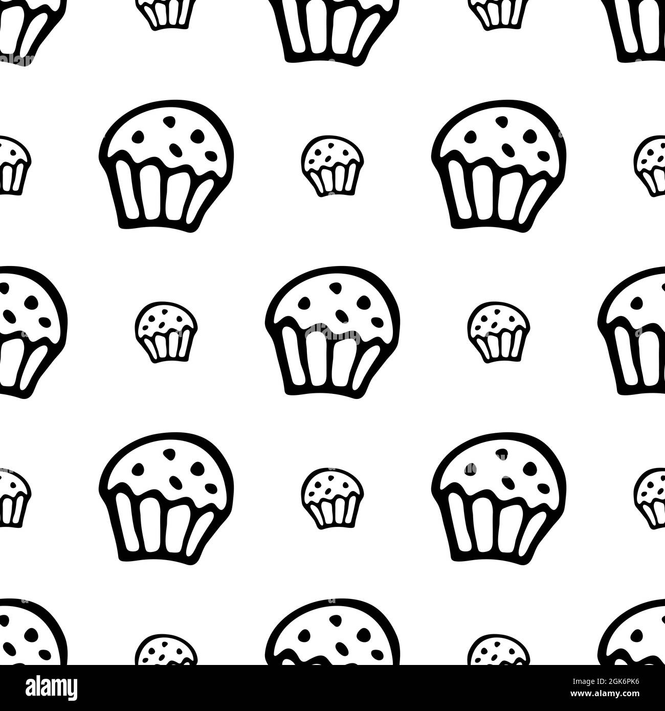 Modello senza cuciture con muffin disegnati a mano. Illustrazione vettoriale in stile Doodle isolata su sfondo bianco. Per design interno, carta da parati, imballaggio, pos Illustrazione Vettoriale