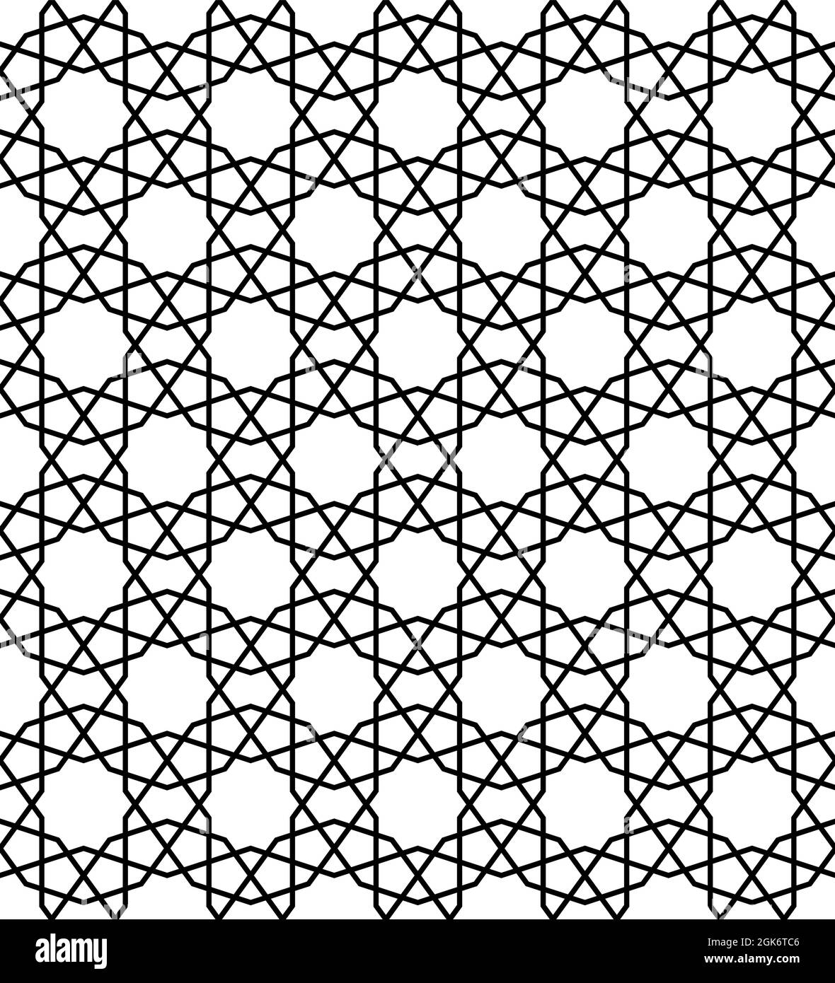 Ornamento geometrico senza giunture basato su arte islamica tradizionale.linee di colore nere.Grande disegno per tessuto,tessile,copertina,carta da imballaggio,background.thick l Illustrazione Vettoriale