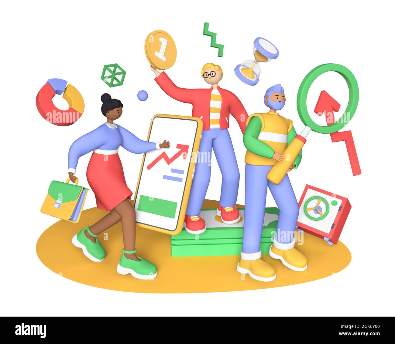 Crescita del tasso di cambio - personaggi colorati in stile cartoon 3D illustrazione. La gente allegra controlla la situazione nella borsa. Vantaggio, Foto Stock
