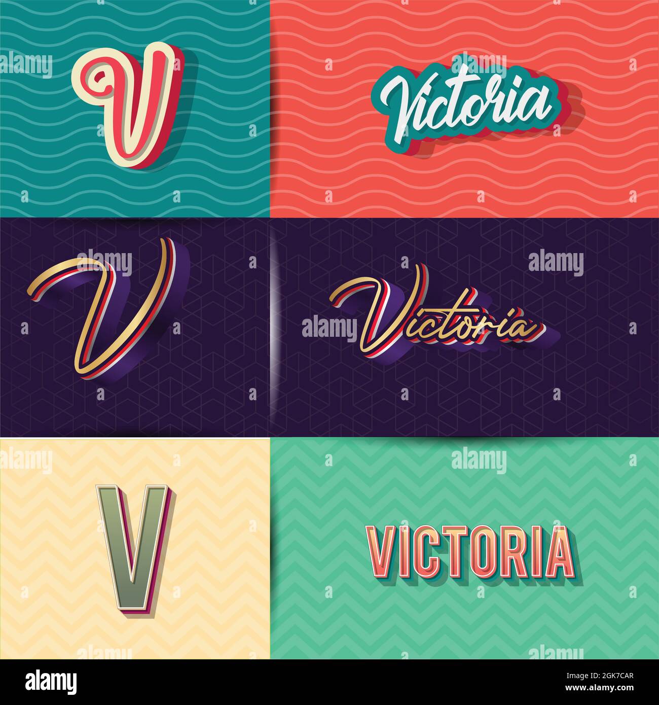 Nome Victoria in vari elementi di disegno grafico retro, insieme di disegno grafico retro-tipografia vettoriale illustrazione Illustrazione Vettoriale