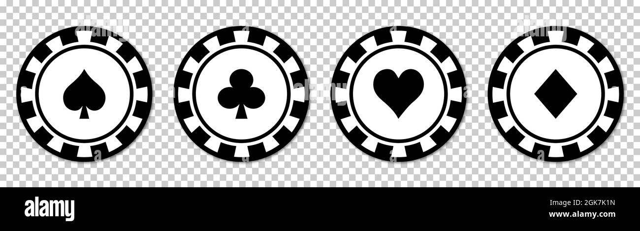 Poker chip icone nere set. Simboli del poker con picche, cuori, diamanti, club. Illustrazione vettoriale isolata su backgroud trasparente Illustrazione Vettoriale