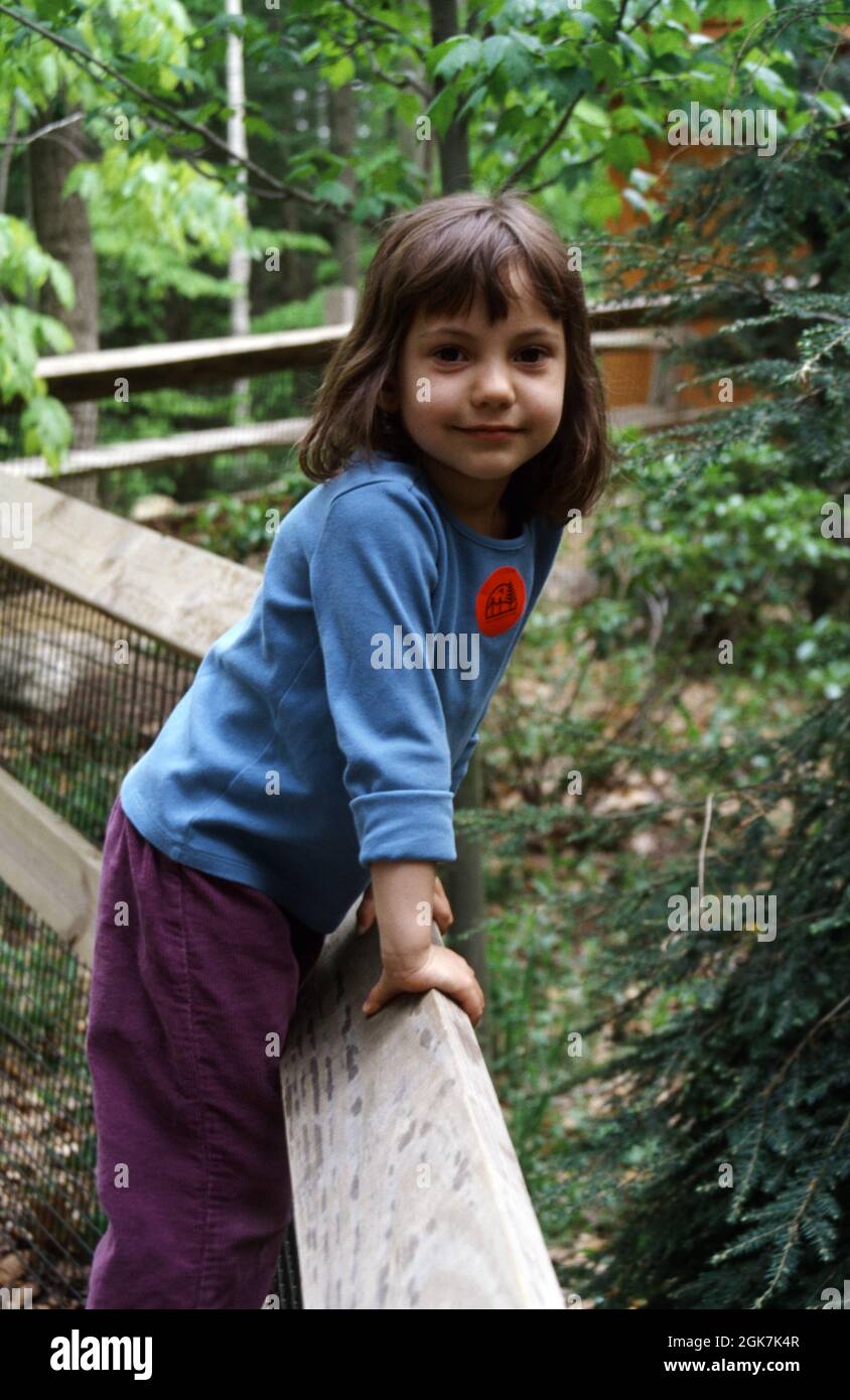 Giovane ragazza appoggiata su recinzione di legno nel New England rurale Foto Stock